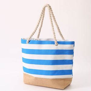 BESTELLA Brand Portable <b>Large</b> Capacity Blue Striped Canvas <b>Beach</b> Tote <b>Bag</b> Custom Logo Wholesale High Quantity Waterproof - Product Image 1