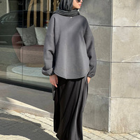 Ensemble haut tricoté sur mesure et jupe en satin, mélange mat et brillant, manches ballon, ourlet incurvé, streetwear modeste pour femmes musulmanes, OEM