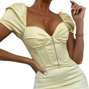 European American Style Women's Puff Sleeve V Neck Short Dress With <b>Zipper</b> Club Wear - Product Image 5
