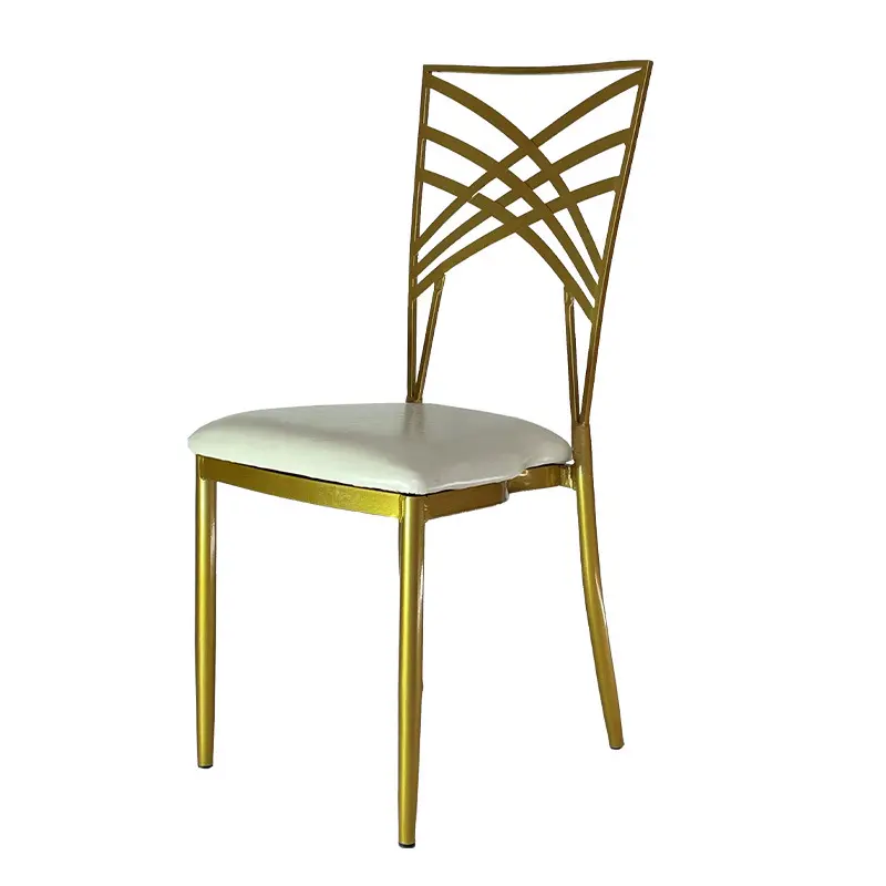 Factory sale PU cushion metal gold wedding cross back chairs