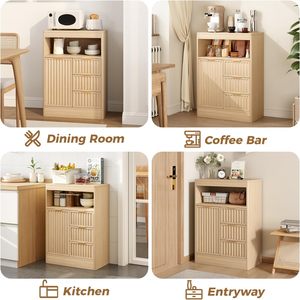 SMORBOSS Modern Oak Panel Coffee Bar Cabinet Fluted Design 3 Drawers Adjustable <strong>Shelf</strong> Rounded <strong>Edges</strong> Dining Room <strong>Living</strong> Room - Product Image 5