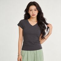 Nouveau T-shirt décontracté pour femme, collection été 2026, col rond, manches courtes, couleur unie, haut basique