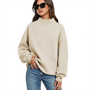 High Neck Drop Shoulder <b>Fleece</b> Sweatshirt <b>Women</b> Contrast Trim Light Blue Oversized Pullover Loose Fit Casual <b>Top</b> - Product Image 1
