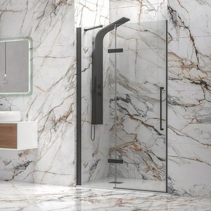 Porte de douche pivotante et battante Kamalu KT4000N moderne sans cadre, 140 cm, noire, avec cadre en laiton inoxydable de 10 mm pour salle de bain ou hôtel - Product Image 1