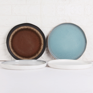 Special Lines Light Blue Plates With Rim Round Matte White Black Porcelain Steak Plates Ceramic Dessert Plate