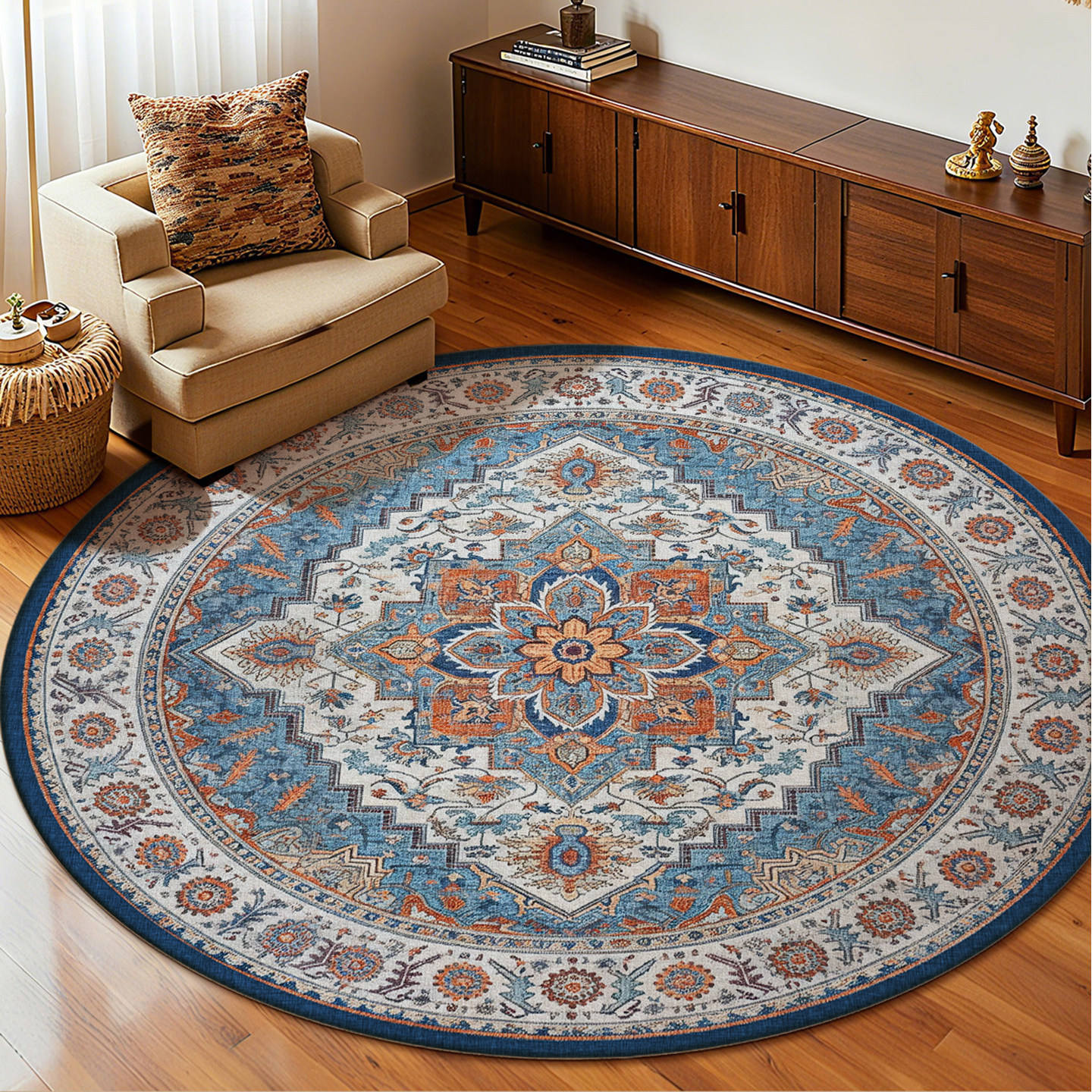 Nubes azules que superponen flores - Circular