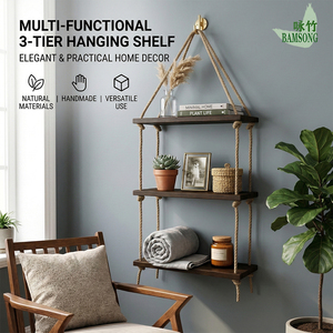 Étagère murale suspendue en <span class=keywords><strong>corde</strong></span> de bambou naturel à 3 niveaux, style rustique, <span class=keywords><strong>bois</strong></span> foncé, pour salon et salle de bain - Product Image 4