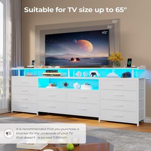 Meuble TV de salon avec étagères, <span class=keywords><strong>commode</strong></span> <span class=keywords><strong>longue</strong></span> blanche avec 12 tiroirs en tissu, lumières LED et station de charge - Product Image 3
