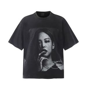 Men's American-style High-street Vintage Portrait-print Heavyweight Pre-washed Distressed Casual Loose-fit Short-sleeve <strong>T</strong>-<strong>shirt</strong> - Product Image 5