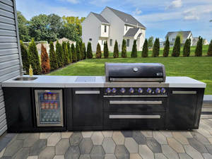 Îlot <span class=keywords><strong>de</strong></span> cuisine extérieur moderne modulaire en acier inoxydable noir personnalisé <span class=keywords><strong>de</strong></span> luxe avec évier, robinet et réfrigérateur - Product Image 4