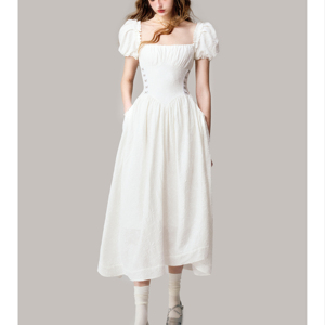 Robe Midi Coquette Y2K à Manches Bouffantes et Buste Froncé, Taille Corset <span class=keywords><strong>Basque</strong></span>, Personnalisable à Faible MOQ, Usine de Vêtements 2026 - Product Image 1