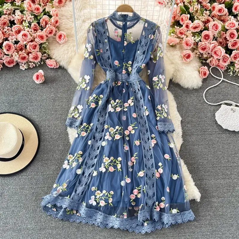 Autumn Women's Sweet Party Evening Dress Embroidery Mesh Printing Stand Collar Long Sleeve A-line Slim Dress Fashion Skirt