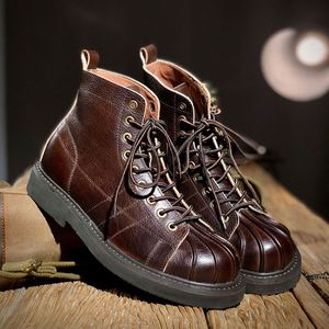 Botas de Cuero Casuales para Hombre de Estilo Retro Británico con Cordones Modernos y Punta Redonda, Botas de Motociclista - Product Image 1