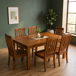 Ensemble de table à manger en teck moderne avec 6 chaises à dossier à lattes verticales - Product Image 2