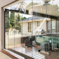 Porte coulissante et pliante sans cadre pour balcon et patio, étanche, avec cloison vitrée mobile et rideau mural en verre