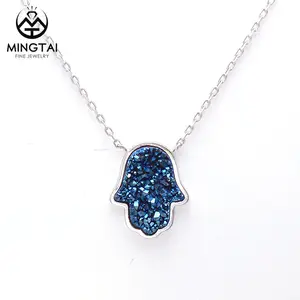 Rhodium plated white gold Blue Agate Crystal silver hamsa pendant, 925 silver hamsa charm pendant