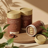 Emballage en papier pour produits nutraceutiques, avec couvercle personnalisé, en forme de boîte et de tube rigide.