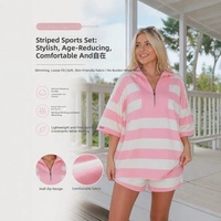 Ensemble de survêtement décontracté 2 pièces pour femme, haut à manches courtes rayé avec col demi-zip et short à taille élastique, broderie personnalisée