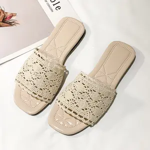 2024 new Lace style comfortable indoor home linen fashion casual soft flat slippers women shoes luxury design flats slides