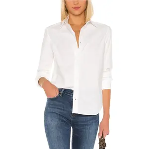 ladies 100% cotton blouse wholesale cheap price women white long sleeve button down shirt