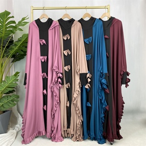 New Event Double Hoods Long <b>Kaftan</b> Abaya 2 Colors Patchwork with Edged Ruffles and Bows for Muslim Women 6884# - Product Image 6