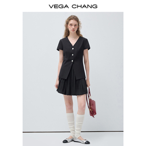 VEGA CHANG Abito da Donna Personalizzato Stile Completo Nero con Top Blusa Scollo a V e Gonna Plissettata per Ufficio e Occasioni Formali - Product Image 3