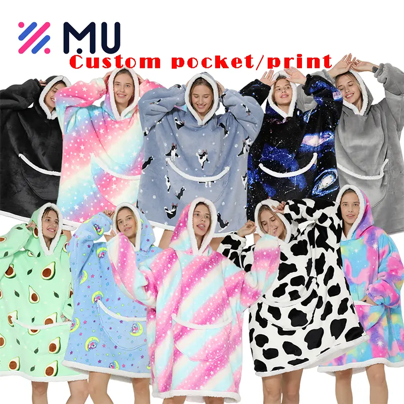 Grosir selimut Hoodie Tv cetak polos bulu flanel Sherpa musim dingin ukuran besar untuk wanita