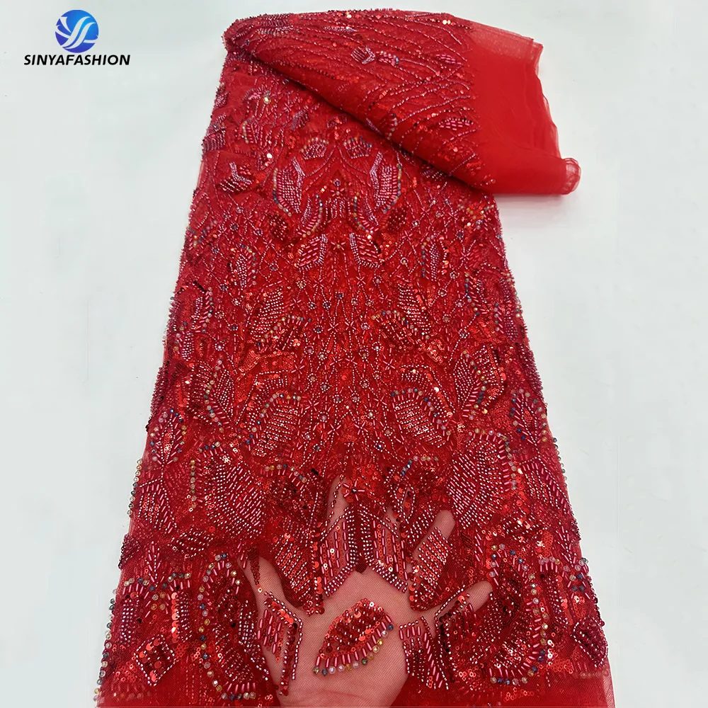 Tela de encaje con cuentas de lujo para mujer, tejido de encaje hecho a mano con cuentas de lentejuelas para vestido de boda