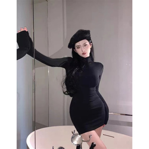 Women's Velvet Long Sleeve Bodycon Dress High Neck Slim Fit Solid Color Winter Inner Layer Short Skirt White And Black - Product Image 2