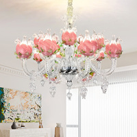 Nouveau modèle 2026 Lustre en verre soufflé artisanal Murano, suspension pour salon et salle à manger, style campagne française, avec pendentifs bougie en cristal rose