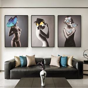 Peinture sur toile de Portrait de femme noire <span class=keywords><strong>et</strong></span> blanche, imprimés de papillons <span class=keywords><strong>et</strong></span> autres dessins - Product Image 3