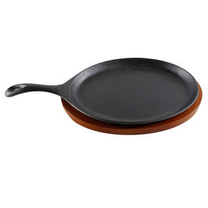 Pre-seasoned Cast Iron Oval <strong>Pan</strong> with Wooden Tray Ideal for Grilling Serving Griddle <strong>Grill</strong> <strong>Pan</strong> - Product Image 1