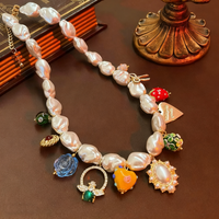 Elegante Collar con Dijes de Perlas, Corazón de Fresa y Rosa, Chapado en Oro, Joyería Diaria para Mujer, Aniversario, Venta al por Mayor