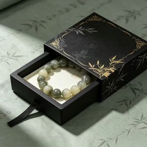 Elegant Eco-Friendly Black Rigid Drawer <b>Box</b> with Four-Color Printed Gold Foil Bamboo Design for Jewelry <b>Storage</b> Gift Packaging - Product Image 1