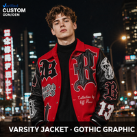 Maßgefertigte Rote Wolljacke mit Schwarzen Lederärmeln Gotische B-Bestickte Totenkopf-Grafik Varsity-Jacke für Herren Urban Night Streetwear