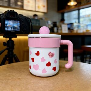 Cute Pink Heart Breakfast Mug With Lid Stainless Steel For Tea Coffee Milk General Use Cylinder Shape - Product Image 4