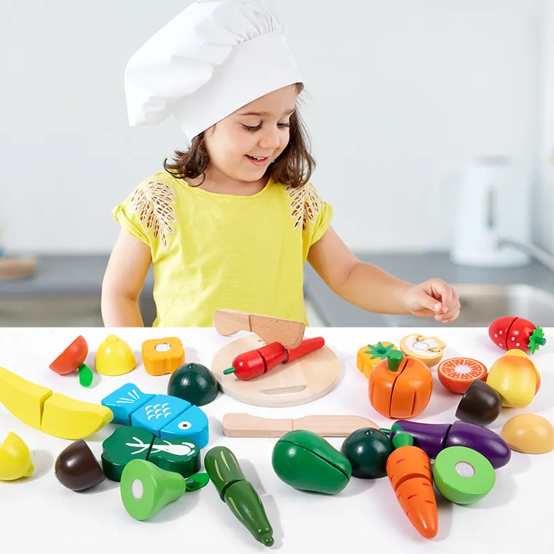 लकड़ी के खिलौने खाना पकाने सिमुलेशन Tableware के काटने के खाद्य बच्चों रसोई नाटक खेलने फल सब्जी रसोई खिलौने