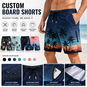 Custom Board Shorts <b>Men</b> Quick Dry Polyester Swim <b>Trunks</b> Palm Tree Print Mesh Lining Zip Pocket Beach Surf Swimwear - Product Image 1