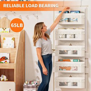 5 Tier Over The Door Organizer <b>Storage</b> <b>Rack</b> With Clear Window Beige Linen Hanging Closet Organizer For Baby Products Toiletries - Product Image 3