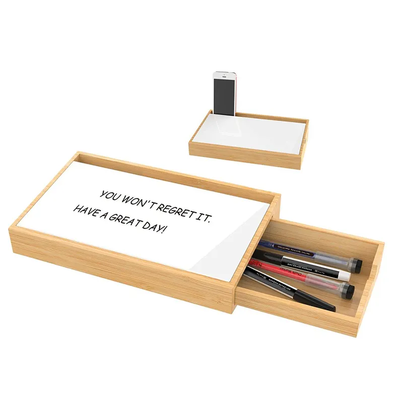 Small Desk Whiteboard with Storage Desktop Glass Whiteboard with Divided Wood Drawer For Desk Organizer