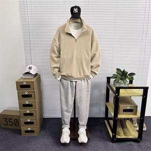 Sweat-shirt polaire en laine à col montant demi-zippé pour homme, style japonais rétro, couleur unie, épais, printemps-automne - Product Image 4