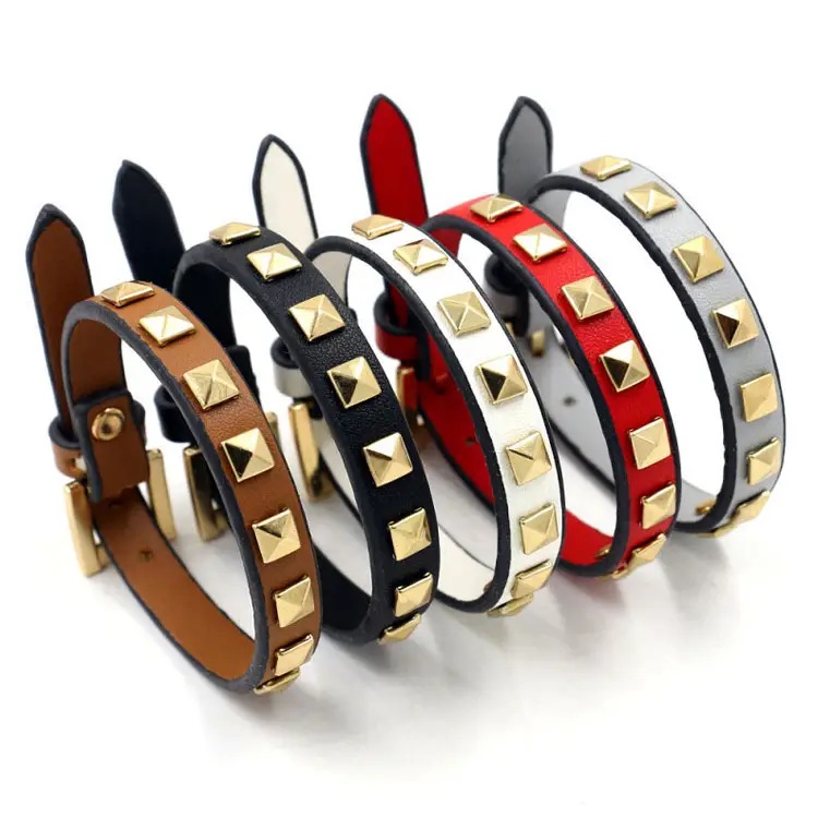 Fashion Adjustable Pin Buckle Soft PU Leather Belt Bracelet Wristband Women Men Personalized Punk Gold Rivets Bracelets Bangles