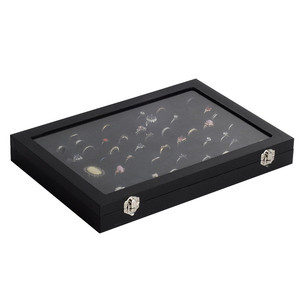 Tùy Chỉnh Phong Cách MDF Black Velvet 100 Chiếc Nhẫn Trang Sức Hiển Thị Trường Hợp Lưu Trữ Tray Box Với Cửa Sổ - Product Image 2