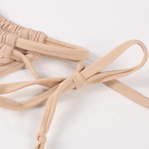 Ensemble de bikini en maille beige personnalisé avec strass, maillot de bain sexy à col rond, deux pièces à nouer sur le côté, fabricant OEM - Product Image 5