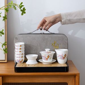 High-Grade Sheep Fat Jade White Porcelain Gongfu <b>Tea</b> Set Travel Home Gift <b>Box</b> Gaiwan Teacup Souvenir Gift Set - Product Image 2