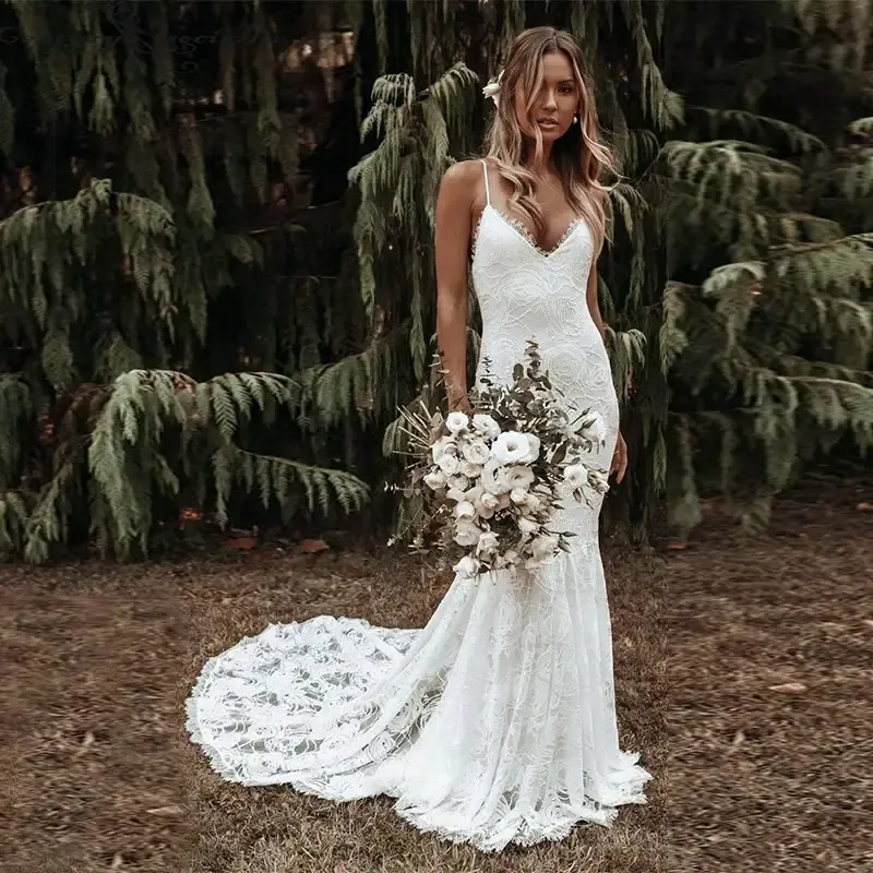 Spaghetti Straps Lace Boho Sexy Wedding Dress V-Neck Open Back Bridal gown Photoshoot beach dress