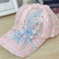 Topi Bisbol Renda Berongga Musim Panas Uniseks dengan Bordir Bunga 3D Kain Jaring Berlian Imitasi Topi Pelindung Matahari yang Dapat Disesuaikan