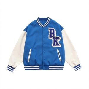 เสื้อแจ็คเก็ตวาร์ซิตี้สีน้ำเงิน ปักลาย BK แขนเสื้อตัดสี ทรงปกติสำหรับผู้ใหญ่ ใส่ได้ทุกฤดู ปิดด้วยกระดุม - Product Image 1