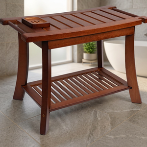 Banc de douche moderne en bambou 24 pouces, chaise de douche avec 2 étagères de rangement, siège en bois durable, tabouret écologique polyvalent pour appartement et villa - Product Image 4