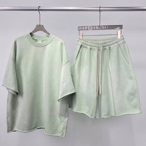 Custom Heavyweight Cotton French Terry Streetwear <b>Y2K</b> Acid Wash Sun Faded Raw Hem Mens T <b>Shirt</b> and Shorts Sets - Product Image 2